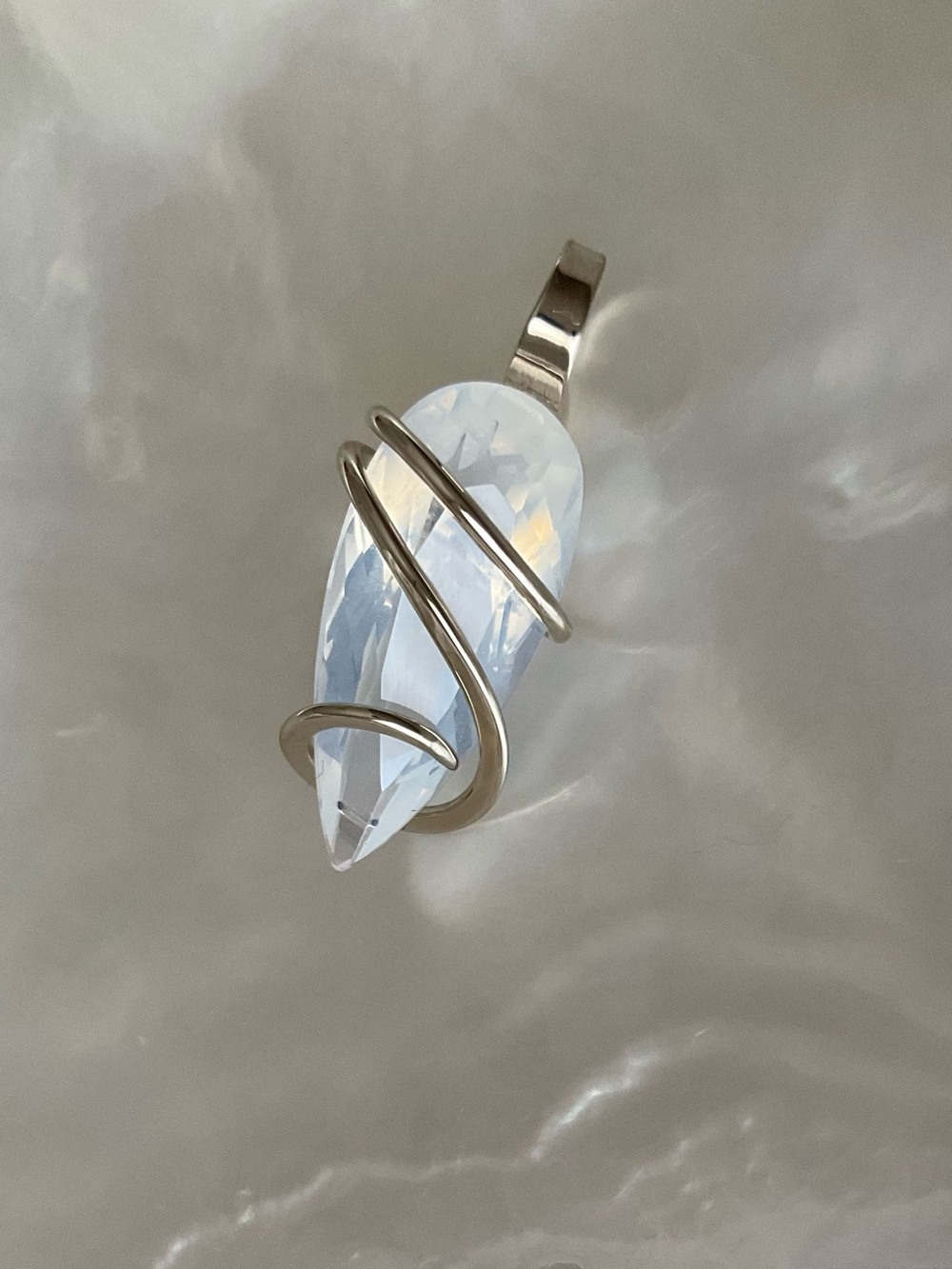 14k white gold and moon quartz pendant, hand forged